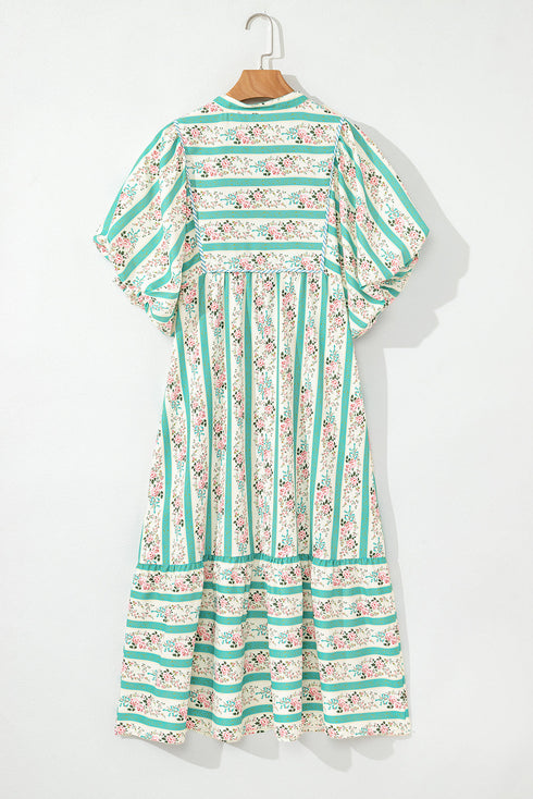 Multicolour Striped Floral Print Tie Split Neck Puff Sleeve Midi Dress